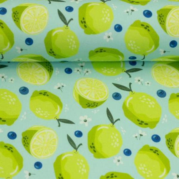 Baumwolldruck Fruits Limetten auf Türkis von Swafing